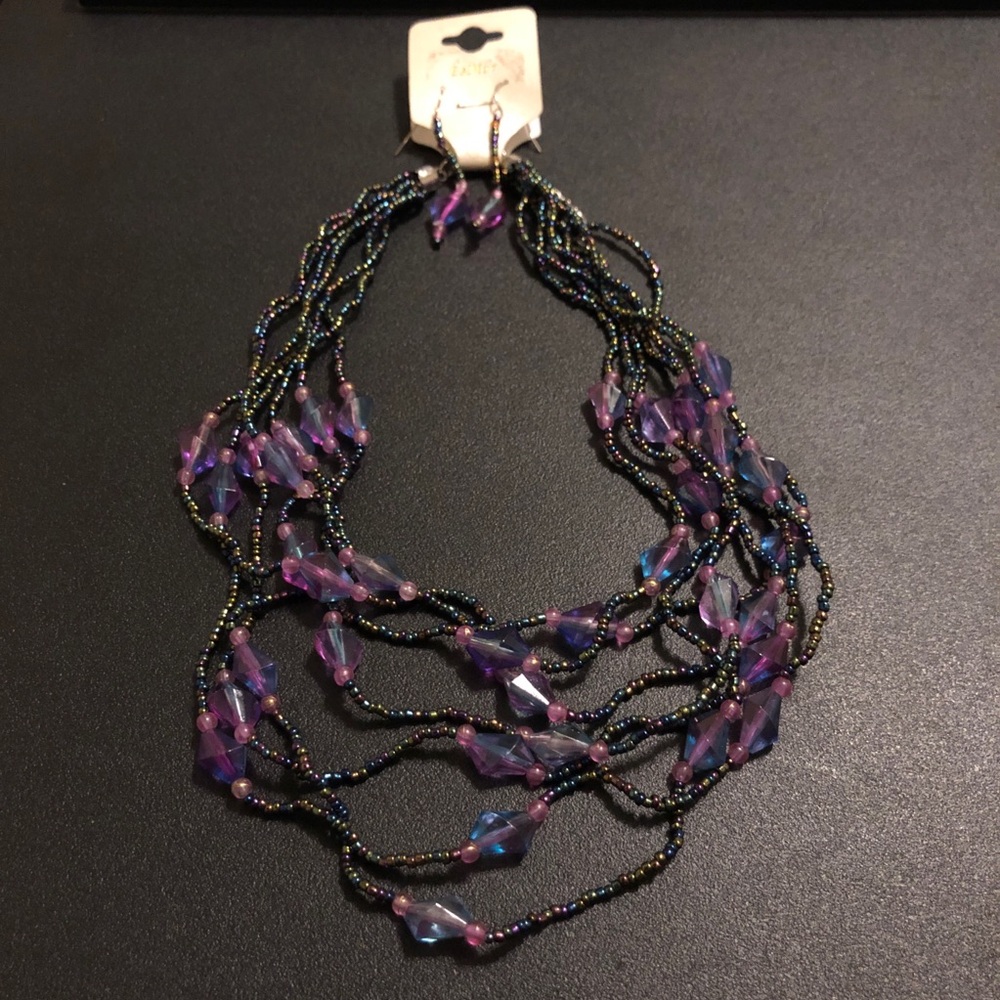 Multi-Strand Purple and Blue Beaded Statement Necklace and Earrings Set